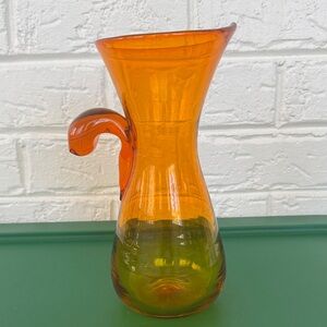 Blenko Glass Pitcher Tangerine Sunburst Orange 9” tall glows under black light
